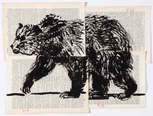 <div class="lightbox-artworktitle">Untitled (Bear Walking)</div><div class="lightbox-artworkyear">2013</div><div class="lightbox-artworkdescription">Indian Ink and red pencil on pages from various Shorter Oxford English Dictionary on Historical Principles, Third Edition Revised and Edited by C.T. Onions 1930 - 1950</div><div class="lightbox-artworkdimension">36.5 X 48 cm</div><div class="lightbox-artworkdimension"></div><div class="lightbox-tagswithlinks"><a rel='nofollow' href='/page/1/?s=%23Ink'>#Ink</A> <a rel='nofollow' href='/page/1/?s=%23FoundPaper'>#FoundPaper</A> <a rel='nofollow' href='/page/1/?s=%23Lulu'>#Lulu</A></div>