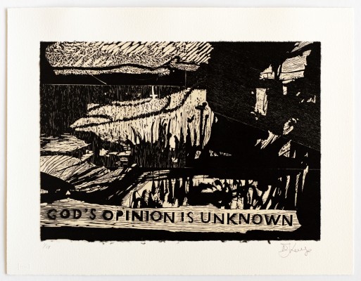 4 William Kentridge, Gods Opinion is unknown 2019_Woodcut on Kitakata mounted to backing sheet ofArches Cover White 300gsm Edition of 18 _ 39.8 x 51.5cm