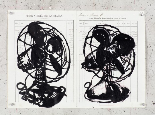 Preparatory drawings for silhouette prop for opening night performance, Indian ink on found paper, 2016  