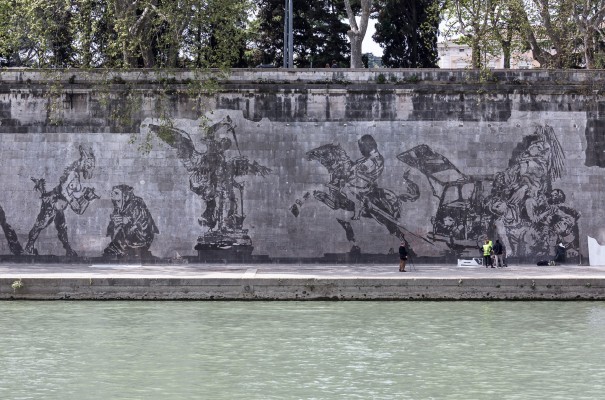 Portion of the "Triumphs and Laments" frieze on the walls of Tiber River, Piazza Tevere, Rome, April 2016