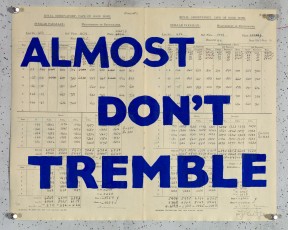 <div class="lightbox-artworktitle">Almost Don't Tremble</div><div class="lightbox-artworkyear">2019</div><div class="lightbox-artworkdescription">Pure Afghan Lapis Lazuli screen printed onto found pages </div><div class="lightbox-artworkdimension">32.3 x 40.3 cm</div><div class="lightbox-artworkdimension">Edition of 20</div><div class="lightbox-tagswithlinks"><a rel='nofollow' href='/page/1/?s=%23FoundPaper'>#FoundPaper</A> <a rel='nofollow' href='/page/1/?s=%23Text'>#Text</A> <a rel='nofollow' href='/page/1/?s=%23Series'>#Series</A> <a rel='nofollow' href='/page/1/?s=%23Edition'>#Edition</A> <a rel='nofollow' href='/page/1/?s=%23WaitingForTheSibyl'>#WaitingForTheSibyl</A> <a rel='nofollow' href='/page/1/?s=%23Silkscreen'>#Silkscreen</A></div>