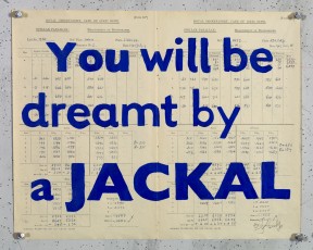 <div class="lightbox-artworktitle">You will be dreamt by a Jackal</div><div class="lightbox-artworkyear">2019</div><div class="lightbox-artworkdescription">Pure Afghan Lapis Lazuli screen printed onto found pages </div><div class="lightbox-artworkdimension">32.3x 40.3cm</div><div class="lightbox-artworkdimension">Edition of 20</div><div class="lightbox-tagswithlinks"><a rel='nofollow' href='/page/1/?s=%23FoundPaper'>#FoundPaper</A> <a rel='nofollow' href='/page/1/?s=%23Text'>#Text</A> <a rel='nofollow' href='/page/1/?s=%23Series'>#Series</A> <a rel='nofollow' href='/page/1/?s=%23Edition'>#Edition</A> <a rel='nofollow' href='/page/1/?s=%23WaitingForTheSibyl'>#WaitingForTheSibyl</A> <a rel='nofollow' href='/page/1/?s=%23Silkscreen'>#Silkscreen</A></div>