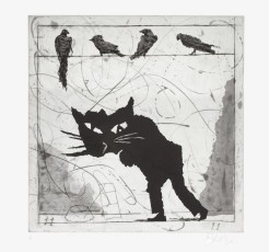 <div class="lightbox-artworktitle">Bird Catching (11. Cat Head and Birds on Wire)</div><div class="lightbox-artworkyear">2006</div><div class="lightbox-artworkdescription">Drypoint and Aquatint on Hahnemühle, Warm White 300</div><div class="lightbox-artworkdimension">47 x 47 cm</div><div class="lightbox-artworkdimension">Edition of 18</div><div class="lightbox-tagswithlinks"><A href='/page/1/?s=%23Paper'>#Paper</A> <A href='/page/1/?s=%23Series'>#Series</A> <A href='/page/1/?s=%23Edition'>#Edition</A> <A href='/page/1/?s=%23Etching'>#Etching</A> <A href='/page/1/?s=%23TheMagicFlute'>#TheMagicFlute</A> <A href='/page/1/?s=%23Drypoint'>#Drypoint</A> <A href='/page/1/?s=%23Aquatint'>#Aquatint</A></div>