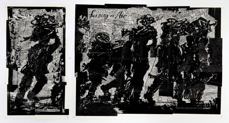 <div class="lightbox-artworktitle">Refugees(God's Opinion is Unknown; Leaning on Air)</div><div class="lightbox-artworkyear">2019</div><div class="lightbox-artworkdescription">Woodcut diptych, Relief printed from 26 woodblocks on Somerset Velvet, Soft White, 300 gsm (Final work comprised of 77 individual sheets adhered by 136 Aluminium pins)</div><div class="lightbox-artworkdimension">188 x 350 cm</div><div class="lightbox-artworkdimension">Edition of 12</div><div class="lightbox-tagswithlinks"><a rel='nofollow' href='/page/1/?s=%23Series'>#Series</A> <a rel='nofollow' href='/page/1/?s=%23Edition'>#Edition</A> <a rel='nofollow' href='/page/1/?s=%23Woodcut'>#Woodcut</A> <a rel='nofollow' href='/page/1/?s=%23Triumphs&Laments'>#Triumphs&Laments</A></div>