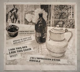 <div class="lightbox-artworktitle">J'ai l'impression d'être ridicule</div><div class="lightbox-artworkyear">2023</div><div class="lightbox-artworkdescription">Indian ink and Coloured pencil on Phumani handmade paper</div><div class="lightbox-artworkdimension">Main dimensions: 152.5 x 163 x cm</div><div class="lightbox-artworkdimension">/</div>