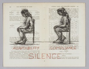 <div class="lightbox-artworktitle">Adaptability, Compliance, Silence</div><div class="lightbox-artworkyear">1999</div><div class="lightbox-artworkdescription">Charcoal, watercolor and pencil crayon on printed pages</div><div class="lightbox-artworkdimension">22 x 28 cm</div><div class="lightbox-artworkdimension"></div><div class="lightbox-tagswithlinks"><a rel='nofollow' href='/page/1/?s=%23Charcoal'>#Charcoal</A> <a rel='nofollow' href='/page/1/?s=%23FoundPaper'>#FoundPaper</A> <a rel='nofollow' href='/page/1/?s=%23Series'>#Series</A> <a rel='nofollow' href='/page/1/?s=%23Watercolour'>#Watercolour</A> <a rel='nofollow' href='/page/1/?s=%23ColouredPencil'>#ColouredPencil</A> <a rel='nofollow' href='/page/1/?s=%23SleepingOnGlass'>#SleepingOnGlass</A></div>