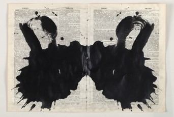 <div class="lightbox-artworktitle">Untitled (Rorschach 5)</div><div class="lightbox-artworkyear">2015</div><div class="lightbox-artworkdescription">Indian Ink and charcoal on pages from various Shorter Oxford English Dictionary on Historical Principles, Third Edition Revised and Edited by C.T. Onions 1930 – 1950</div><div class="lightbox-artworkdimension">27 x 39.5 cm</div><div class="lightbox-artworkdimension"></div><div class="lightbox-tagswithlinks"><a rel='nofollow' href='/page/1/?s=%23Ink'>#Ink</A> <a rel='nofollow' href='/page/1/?s=%23FoundPaper'>#FoundPaper</A> <a rel='nofollow' href='/page/1/?s=%23Lulu'>#Lulu</A></div>