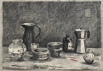 <div class="lightbox-artworktitle">Drawing for Self-Portrait as a Coffee Pot (Still Life and pencils)</div><div class="lightbox-artworkyear">2024</div><div class="lightbox-artworkdescription">Charcoal and coloured pencil on paper</div><div class="lightbox-artworkdimension">160 x 230 cm drawing on its own
Drawing with Lassitude above dimensions 227 x 230 cm</div><div class="lightbox-artworkdimension"></div>
