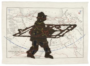 <div class="lightbox-artworktitle">Porter Series: Expédition du jeune Cyrus et Retraite des Dix-mille (with Wrought Iron)</div><div class="lightbox-artworkyear">2006-07</div><div class="lightbox-artworkdescription">Tapestry weave with embroidery. Warp: polyester. Weft and embroidery: mohair, acrylic and polyester</div><div class="lightbox-artworkdimension">244 x 360 cm</div><div class="lightbox-artworkdimension">Edition of 5</div><div class="lightbox-tagswithlinks"></div>