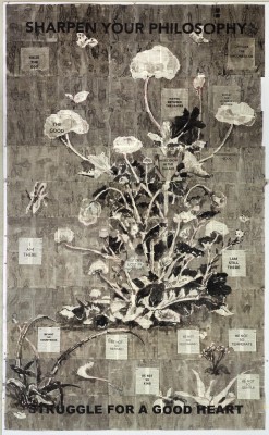 <div class="lightbox-artworktitle">Sharpen Your Philosophy</div><div class="lightbox-artworkyear">2014</div><div class="lightbox-artworkdescription">Indian ink, red pencil and digital print on found pages</div><div class="lightbox-artworkdimension">310 x 178.5 cm</div><div class="lightbox-artworkdimension"></div><div class="lightbox-tagswithlinks"><A rel='nofollow' href='/page/1/?s=%23Ink'>#Ink</A> <A rel='nofollow' href='/page/1/?s=%23FoundPaper'>#FoundPaper</A> <A rel='nofollow' href='/page/1/?s=%23Flower'>#Flower</A> <A rel='nofollow' href='/page/1/?s=%23Text'>#Text</A> <A rel='nofollow' href='/page/1/?s=%23NotesTowardsAModelOpera'>#NotesTowardsAModelOpera</A> <A rel='nofollow' href='/page/1/?s=%23DigitalPrint'>#DigitalPrint</A></div>