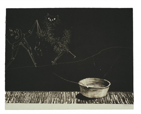 <div class="lightbox-artworktitle">Untitled (Cat and Bowl)</div><div class="lightbox-artworkyear">1997</div><div class="lightbox-artworkdescription">Monotype in black on BFK Rives cream paper</div><div class="lightbox-artworkdimension">59.5 x 76.5 cm</div><div class="lightbox-artworkdimension">Edition of 1</div><div class="lightbox-tagswithlinks"><a rel='nofollow' href='/page/1/?s=%23Series'>#Series</A> <a rel='nofollow' href='/page/1/?s=%23Monotype'>#Monotype</A> <a rel='nofollow' href='/page/1/?s=%23Ubu'>#Ubu</A></div>
