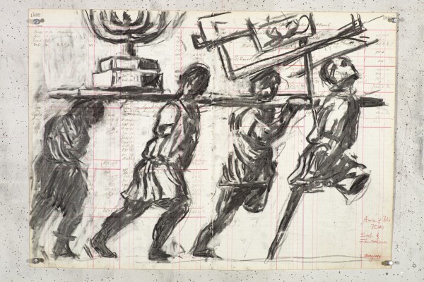 <div class="lightbox-artworktitle">Drawing for Triumphs and Laments (Spoils from the Temple of Jerusalem)</div><div class="lightbox-artworkyear">2014</div><div class="lightbox-artworkdescription">Charcoal on found ledger pages</div><div class="lightbox-artworkdimension">47 x 66.5 cm</div><div class="lightbox-artworkdimension"></div><div class="lightbox-tagswithlinks"><a rel='nofollow' href='/page/1/?s=%23Charcoal'>#Charcoal</A> <a rel='nofollow' href='/page/1/?s=%23FoundPaper'>#FoundPaper</A> <a rel='nofollow' href='/page/1/?s=%23Triumphs&Laments'>#Triumphs&Laments</A></div>