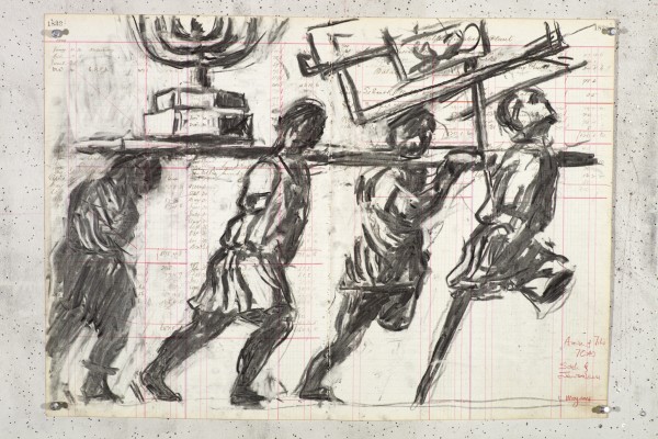 <div class="lightbox-artworktitle">Drawing for Triumphs and Laments (Spoils from the Temple of Jerusalem)</div><div class="lightbox-artworkyear">2014</div><div class="lightbox-artworkdescription">Charcoal on found ledger pages</div><div class="lightbox-artworkdimension">47 x 66.5 cm</div><div class="lightbox-artworkdimension"></div><div class="lightbox-tagswithlinks"><a rel='nofollow' href='/page/1/?s=%23Charcoal'>#Charcoal</A> <a rel='nofollow' href='/page/1/?s=%23FoundPaper'>#FoundPaper</A> <a rel='nofollow' href='/page/1/?s=%23Triumphs&Laments'>#Triumphs&Laments</A></div>