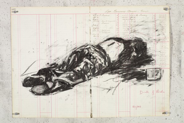 <div class="lightbox-artworktitle">Drawing for Triumphs and Laments (The Death of Pier Paolo Pasolini)</div><div class="lightbox-artworkyear">2014</div><div class="lightbox-artworkdescription">Charcoal on found ledger pages</div><div class="lightbox-artworkdimension">47 x 66.5 cm</div><div class="lightbox-artworkdimension"></div><div class="lightbox-tagswithlinks"><a rel='nofollow' href='/page/1/?s=%23Charcoal'>#Charcoal</A> <a rel='nofollow' href='/page/1/?s=%23FoundPaper'>#FoundPaper</A> <a rel='nofollow' href='/page/1/?s=%23Triumphs&Laments'>#Triumphs&Laments</A></div>