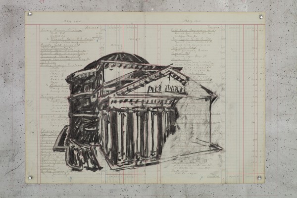 <div class="lightbox-artworktitle">Drawing for Triumphs and Laments (Pantheon)</div><div class="lightbox-artworkyear">2015</div><div class="lightbox-artworkdescription">Charcoal and red pencil on found ledger pages</div><div class="lightbox-artworkdimension">48 x 67 cm</div><div class="lightbox-artworkdimension"></div><div class="lightbox-tagswithlinks"><a rel='nofollow' href='/page/1/?s=%23Charcoal'>#Charcoal</A> <a rel='nofollow' href='/page/1/?s=%23FoundPaper'>#FoundPaper</A> <a rel='nofollow' href='/page/1/?s=%23Triumphs&Laments'>#Triumphs&Laments</A></div>