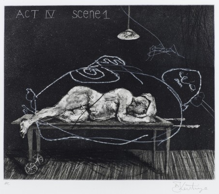 <div class="lightbox-artworktitle">Act IV / Scene 1 </div><div class="lightbox-artworkyear">1996-97</div><div class="lightbox-artworkdescription">Etchings with soft ground, aquatint and drypoint, each from one zinc plate and an engraved polycarbon sheet, on Fabriano Rosaspina bianco 220 gsm paper</div><div class="lightbox-artworkdimension">36 x 50 cm</div><div class="lightbox-artworkdimension">Edition of 45</div><div class="lightbox-tagswithlinks"><a rel='nofollow' href='/page/1/?s=%23SelfPortrait'>#SelfPortrait</A> <a rel='nofollow' href='/page/1/?s=%23Series'>#Series</A> <a rel='nofollow' href='/page/1/?s=%23Edition'>#Edition</A> <a rel='nofollow' href='/page/1/?s=%23Etching'>#Etching</A> <a rel='nofollow' href='/page/1/?s=%23Ubu'>#Ubu</A></div>