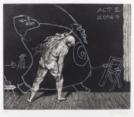 <div class="lightbox-artworktitle">Act III / Scene 9 </div><div class="lightbox-artworkyear">1996-97</div><div class="lightbox-artworkdescription">Suite of 8 etchings with soft ground, aquatint and drypoint, each from one zinc plate and an engraved polycarbon sheet, on Fabriano Rosaspina bianco 220 gsm paper</div><div class="lightbox-artworkdimension">36 x 50 cm</div><div class="lightbox-artworkdimension">Edition of 45</div><div class="lightbox-tagswithlinks"><a rel='nofollow' href='/page/1/?s=%23SelfPortrait'>#SelfPortrait</A> <a rel='nofollow' href='/page/1/?s=%23Series'>#Series</A> <a rel='nofollow' href='/page/1/?s=%23Edition'>#Edition</A> <a rel='nofollow' href='/page/1/?s=%23Etching'>#Etching</A> <a rel='nofollow' href='/page/1/?s=%23Ubu'>#Ubu</A></div>