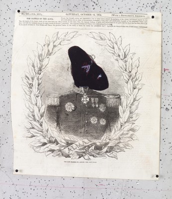 <div class="lightbox-artworktitle">Untitled (Nose with Medals)</div><div class="lightbox-artworkyear">2019</div><div class="lightbox-artworkdescription">Black paper and coloured pencil on Illustrated London News pages</div><div class="lightbox-artworkdimension">30.5 x 27.4 cm</div><div class="lightbox-artworkdimension"></div><div class="lightbox-tagswithlinks"><a rel='nofollow' href='/page/1/?s=%23Paper'>#Paper</A> <a rel='nofollow' href='/page/1/?s=%23FoundPaper'>#FoundPaper</A> <a rel='nofollow' href='/page/1/?s=%23Portrait'>#Portrait</A> <a rel='nofollow' href='/page/1/?s=%23Collage'>#Collage</A> <a rel='nofollow' href='/page/1/?s=%23TheNose'>#TheNose</A> <a rel='nofollow' href='/page/1/?s=%23ColouredPencil'>#ColouredPencil</A></div>