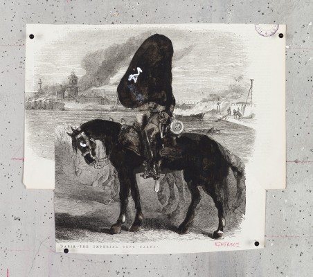 <div class="lightbox-artworktitle">Untitled (General Nose on Horseback)</div><div class="lightbox-artworkyear">2009</div><div class="lightbox-artworkdescription">Indian Ink, coloured pencil, tippex and paper collage on The Illustrated London News</div><div class="lightbox-artworkdimension">23.5 x 26 cm </div><div class="lightbox-artworkdimension"></div><div class="lightbox-tagswithlinks"><a rel='nofollow' href='/page/1/?s=%23Ink'>#Ink</A> <a rel='nofollow' href='/page/1/?s=%23FoundPaper'>#FoundPaper</A> <a rel='nofollow' href='/page/1/?s=%23Portrait'>#Portrait</A> <a rel='nofollow' href='/page/1/?s=%23Collage'>#Collage</A> <a rel='nofollow' href='/page/1/?s=%23TheNose'>#TheNose</A></div>