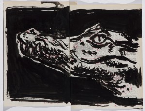 <div class="lightbox-artworktitle">Untitled (Crocodile)</div><div class="lightbox-artworkyear">2013</div><div class="lightbox-artworkdescription">Indian Ink and red pencil on pages from various Shorter Oxford English Dictionary on Historical Principles, Third Edition Revised and Edited by C.T. Onions 1930 - 1950</div><div class="lightbox-artworkdimension">27 x 36 cm</div><div class="lightbox-artworkdimension"></div><div class="lightbox-tagswithlinks"><a rel='nofollow' href='/page/1/?s=%23Ink'>#Ink</A> <a rel='nofollow' href='/page/1/?s=%23FoundPaper'>#FoundPaper</A> <a rel='nofollow' href='/page/1/?s=%23Lulu'>#Lulu</A></div>