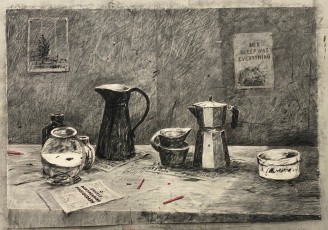 <div class="lightbox-artworktitle">Drawing for Self-Portrait as a Coffee Pot (Still Life: Her Sleep Was Everything)</div><div class="lightbox-artworkyear">2024</div><div class="lightbox-artworkdescription">Charcoal and coloured pencil on paper</div><div class="lightbox-artworkdimension">160 x 230 cm</div><div class="lightbox-artworkdimension"></div>