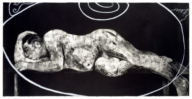 <div class="lightbox-artworktitle">Sleeper and Ubu</div><div class="lightbox-artworkyear">1997</div><div class="lightbox-artworkdescription">Etching, aquatint and drypoint from two plates , and power-tool engraved polycarbon sheet for the Ubu white lines on Velin Arches Blanc paper</div><div class="lightbox-artworkdimension">96.5 x 192.5 cm</div><div class="lightbox-artworkdimension">Edition of 50</div><div class="lightbox-tagswithlinks"><a rel='nofollow' href='/page/1/?s=%23SelfPortrait'>#SelfPortrait</A> <a rel='nofollow' href='/page/1/?s=%23Series'>#Series</A> <a rel='nofollow' href='/page/1/?s=%23Edition'>#Edition</A> <a rel='nofollow' href='/page/1/?s=%23Etching'>#Etching</A> <a rel='nofollow' href='/page/1/?s=%23Ubu'>#Ubu</A></div>