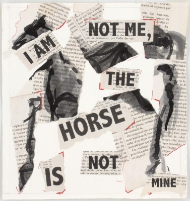 <div class="lightbox-artworktitle">Telegrams from the Nose (I am not me, the horse is not mine)</div><div class="lightbox-artworkyear">2007</div><div class="lightbox-artworkdescription">Indian Ink, found pages, coloured pencil and collage on paper</div><div class="lightbox-artworkdimension">25 x 23.5cm</div><div class="lightbox-artworkdimension"></div><div class="lightbox-tagswithlinks"><a rel='nofollow' href='/page/1/?s=%23Ink'>#Ink</A> <a rel='nofollow' href='/page/1/?s=%23FoundPaper'>#FoundPaper</A> <a rel='nofollow' href='/page/1/?s=%23Collage'>#Collage</A> <a rel='nofollow' href='/page/1/?s=%23TheNose'>#TheNose</A> <a rel='nofollow' href='/page/1/?s=%23ColouredPencil'>#ColouredPencil</A></div>